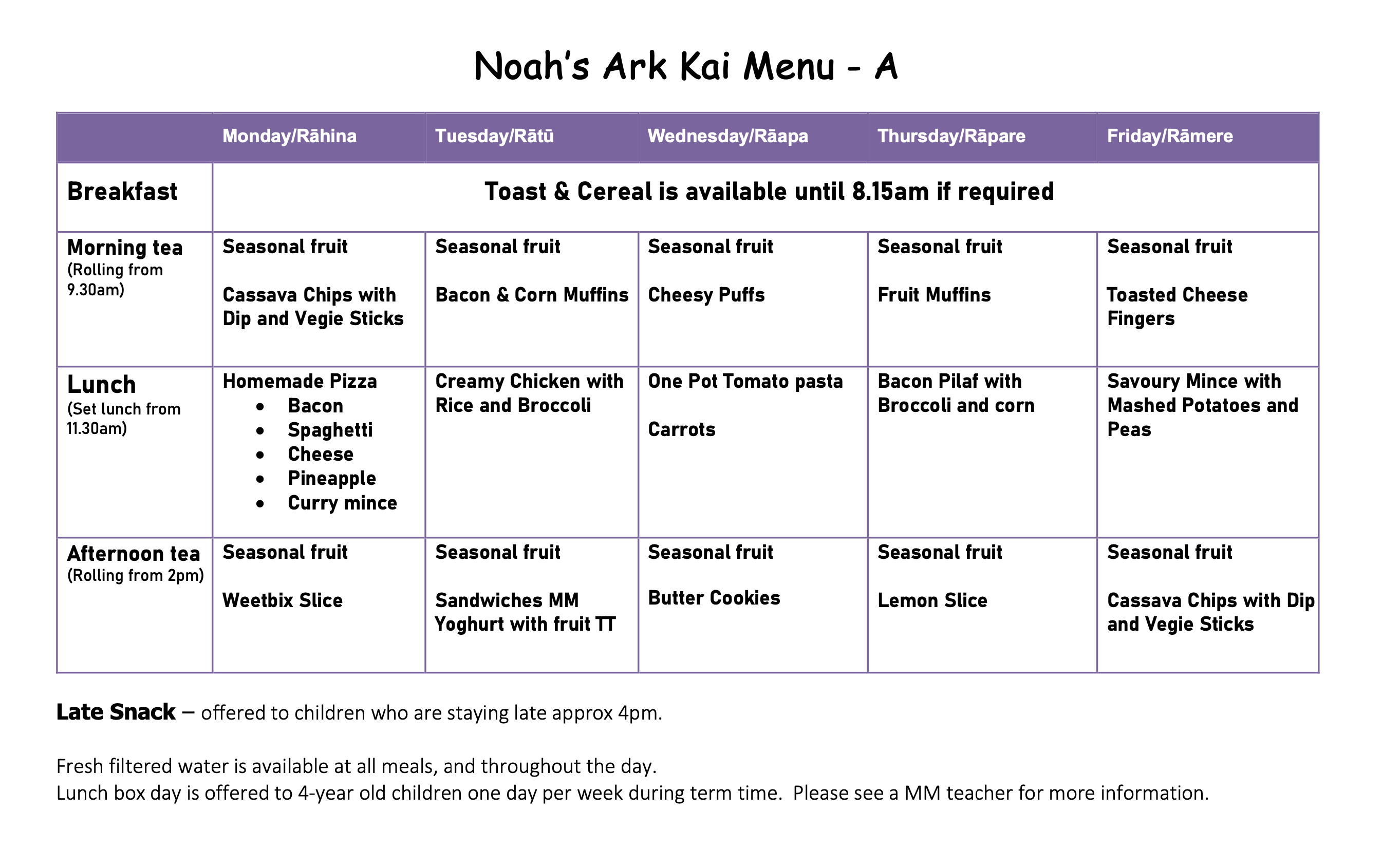 Noah's Ark Early Learning Centre weekly menu, part A