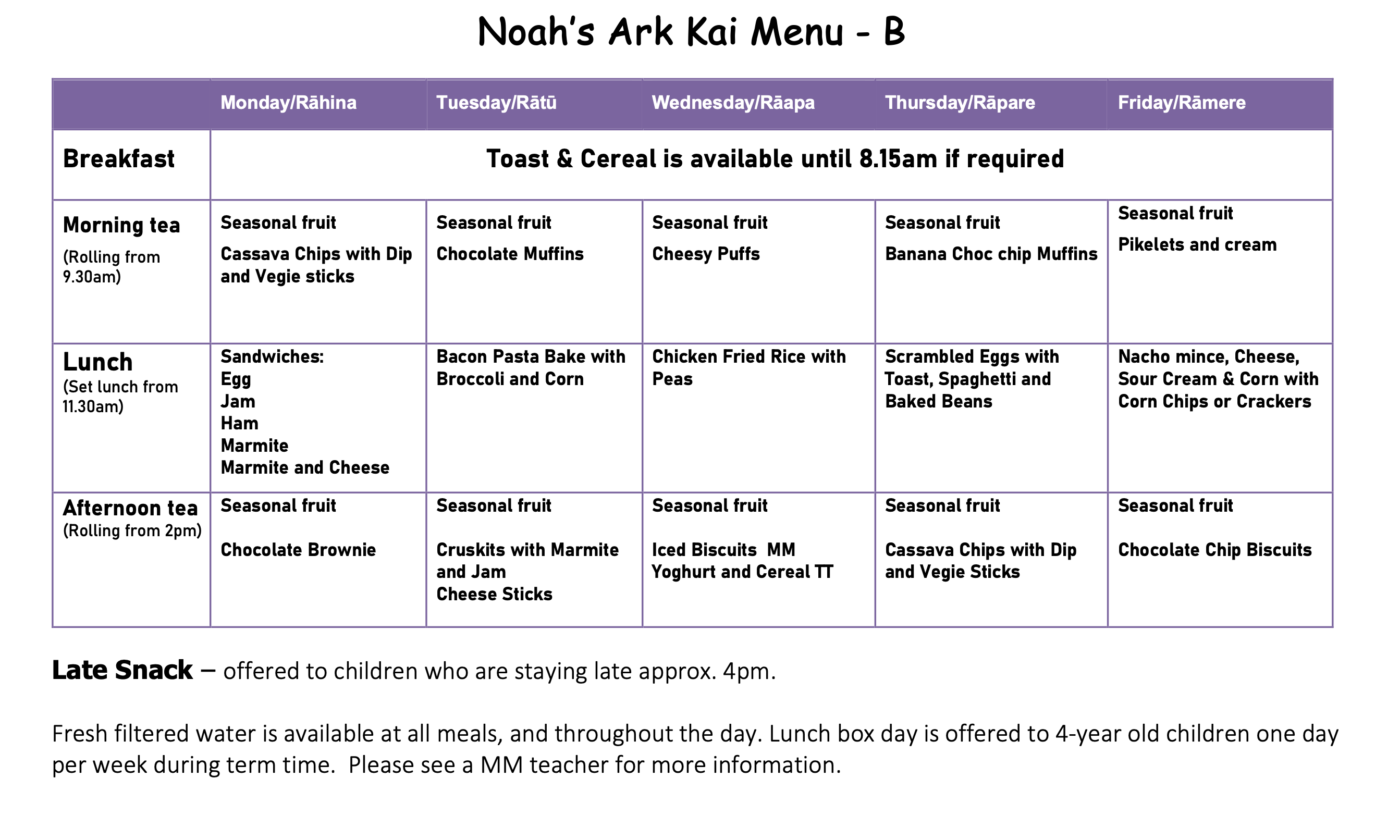 Noah's Ark Early Learning Centre weekly menu, part B