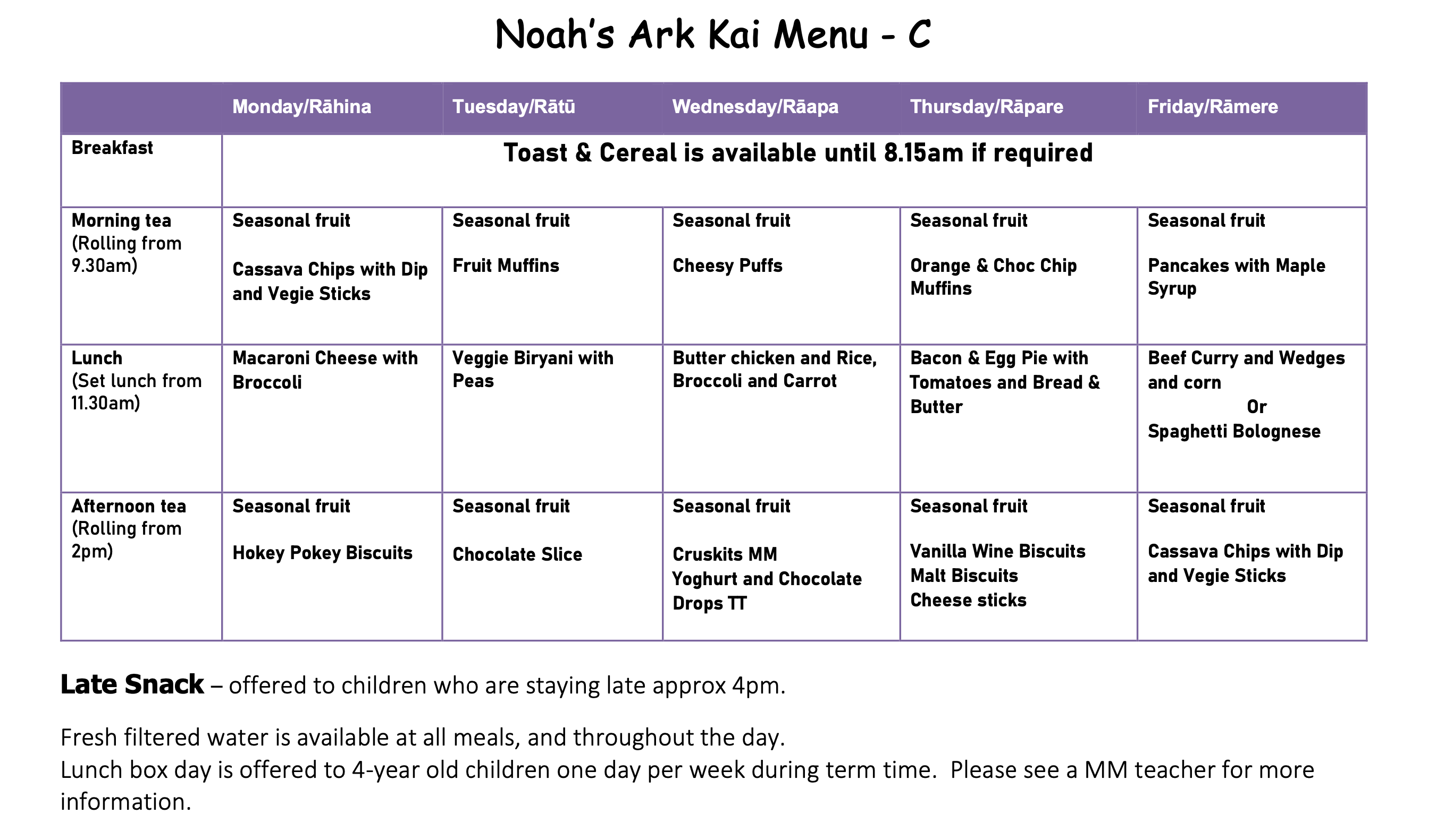 Noah's Ark Early Learning Centre weekly menu, part C